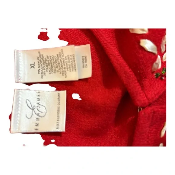Emma James Red Holiday Cardigan, embellished style ribbon/bead floral designs - Picture 7 of 7